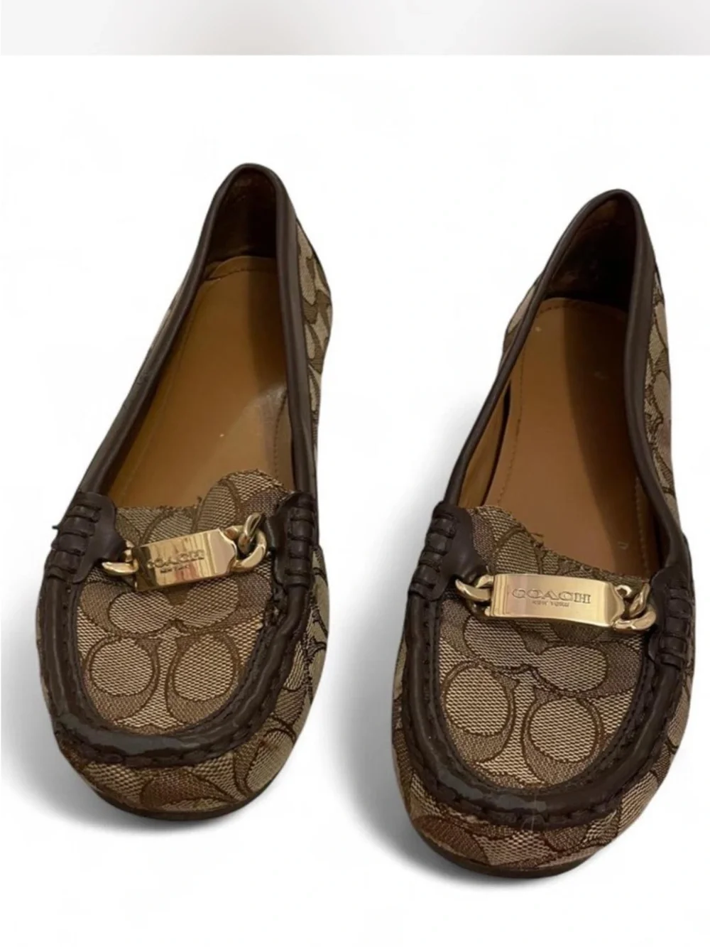 Coach Brown Signature Canvas Loafers with Gold Hardware